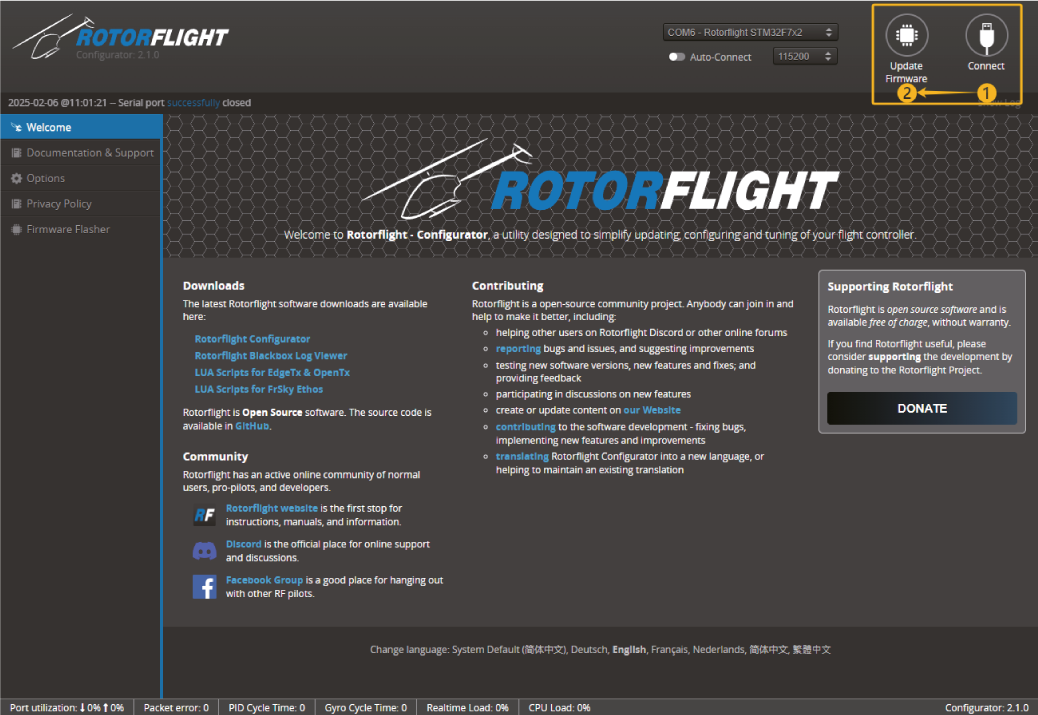 Příkaz Update Firmware ve starší verzi Rotorflight Configurator