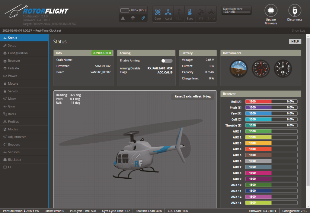 Rotorflight Configurator affichant l’état de l’hélicoptère et les réglages