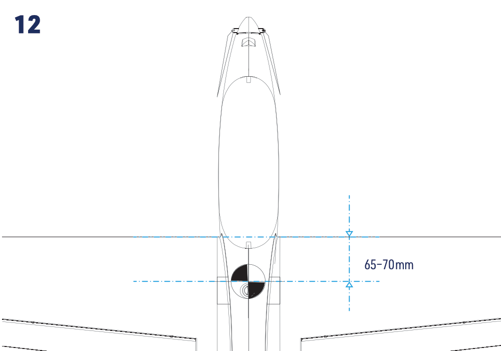 Position du centre de gravité : 65–70 mm derrière le bord d’attaque de l’aile