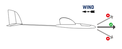 Launch into the wind .Wing and fuselage level or slightly down.