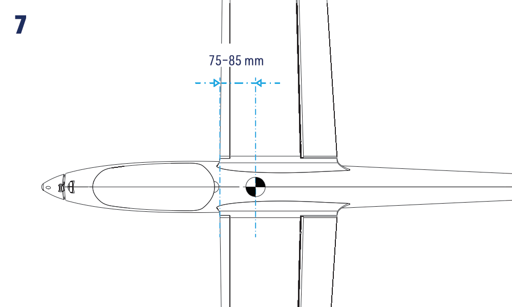 CG position: 75–85 mm behind the wing leading edge