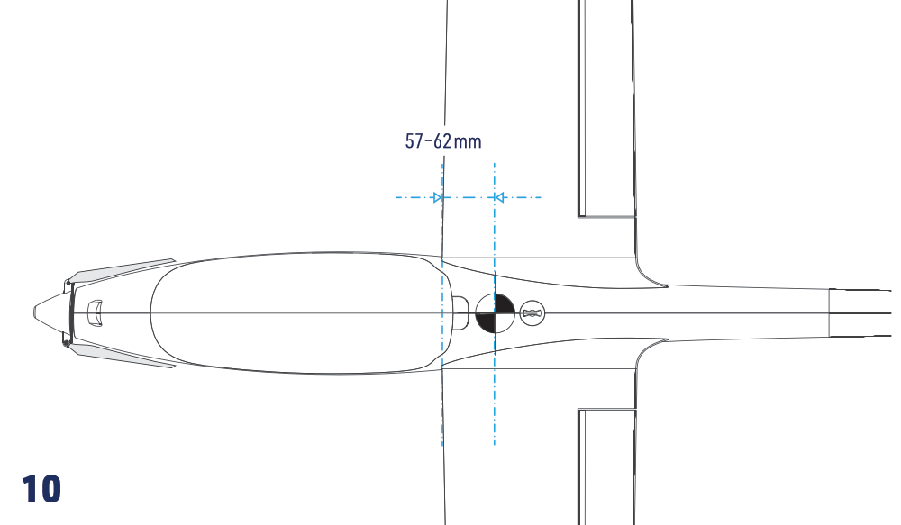 CG position: 57–62 mm behind the wing leading edge